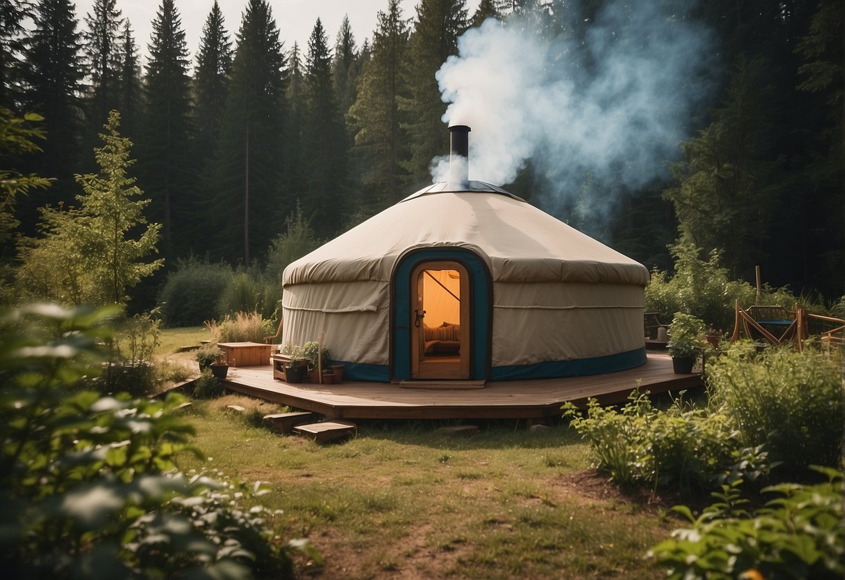 A yurt nestled in a serene forest clearing, with a smoke rising from the chimney, solar panels on the roof, and a small garden outside