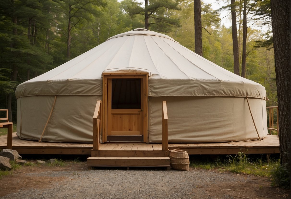 A yurt stands in a rural setting in New York State, with a sign reading "Frequently Asked Questions: Are yurts legal?" visible nearby