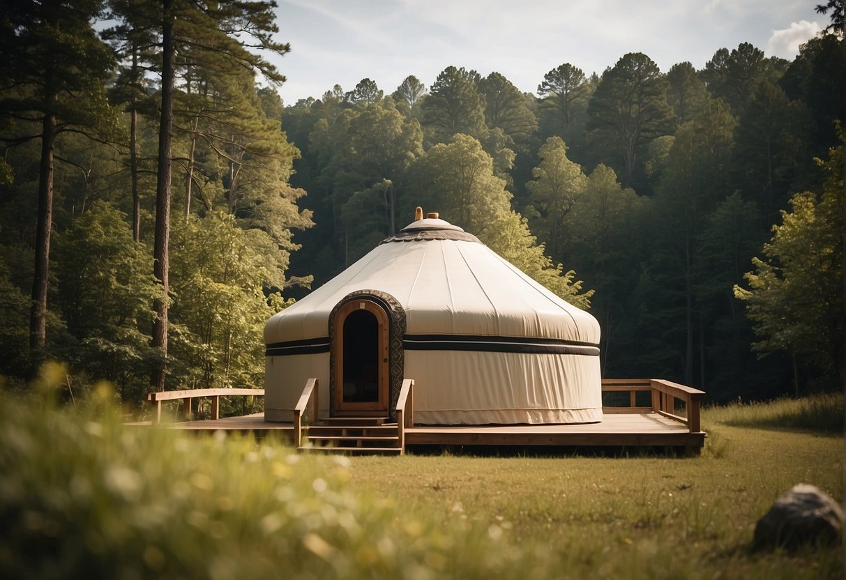 A yurt sits on a serene North Carolina landscape, with a clear view of the surrounding nature. The yurt is built in accordance with local regulations, blending seamlessly into the environment