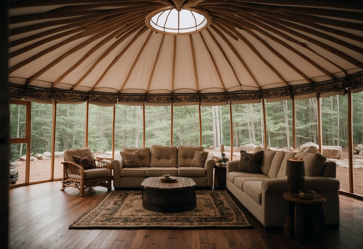 The North Carolina Yurts showcase a spacious interior with modern amenities, surrounded by the tranquil beauty of the state's natural landscape