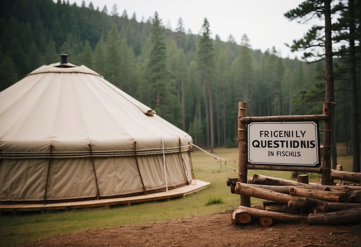 A yurt surrounded by pine trees in a North Carolina landscape, with a sign reading "Frequently Asked Questions: Are Yurts Legal in North Carolina" displayed prominently