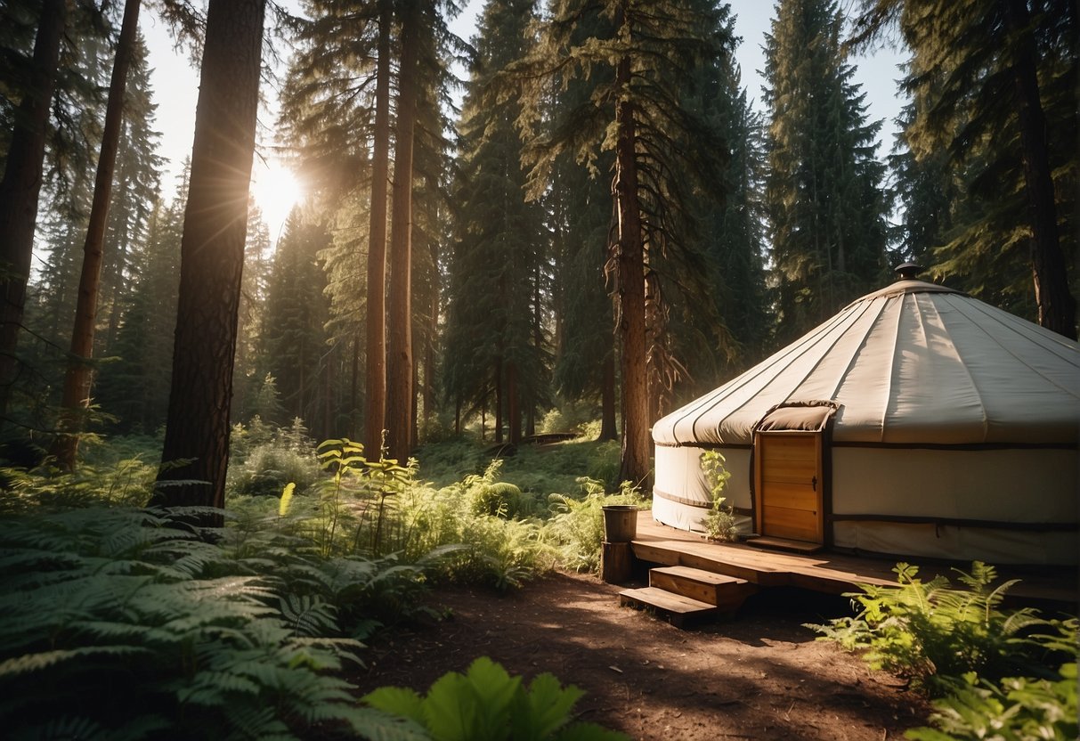 A yurt nestled in a lush Oregon forest, surrounded by tall trees and dappled sunlight filtering through the branches