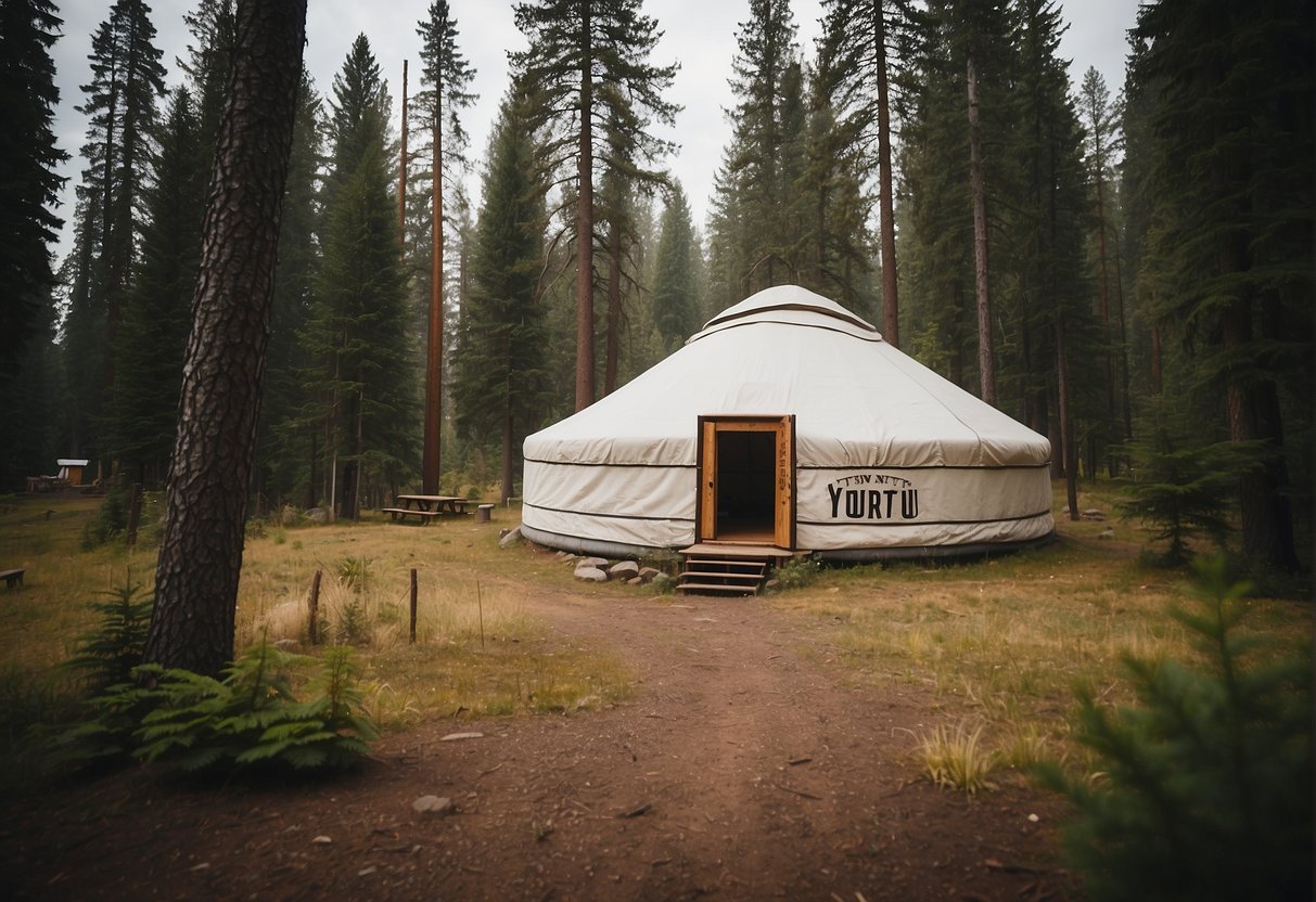 A yurt surrounded by pine trees in a clearing, with a sign displaying "Legal Yurt Site" in Oregon