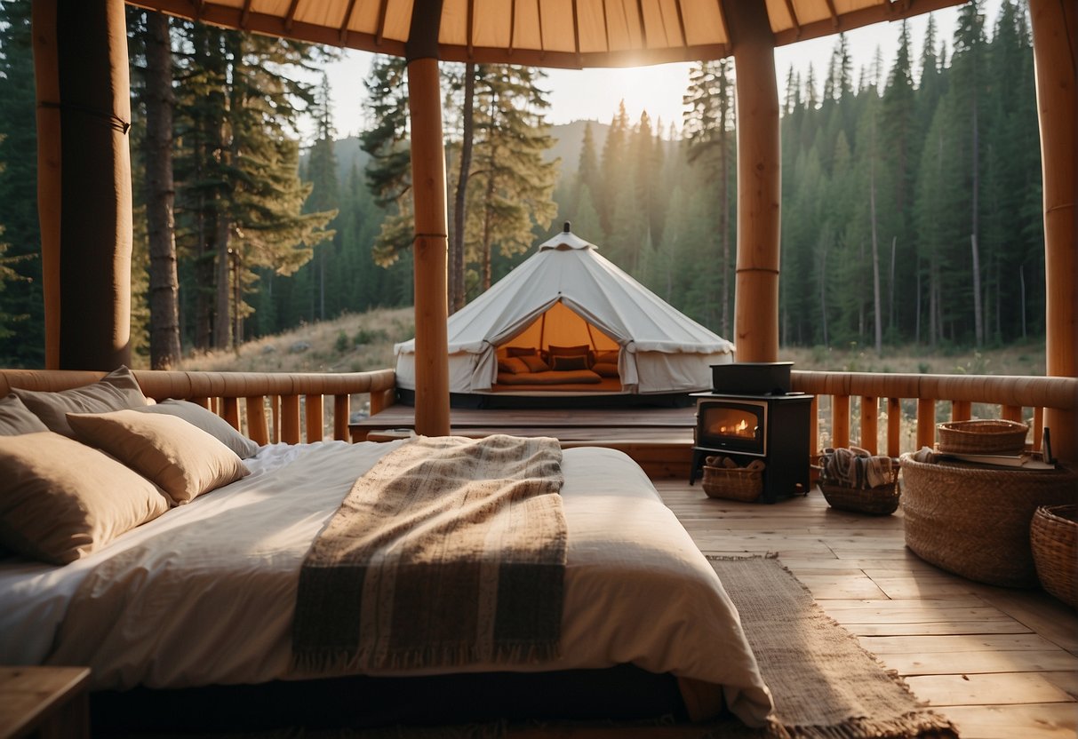 A cozy yurt interior with a bed, table, and stove. Outside, a peaceful forest setting with a small stream and clear skies