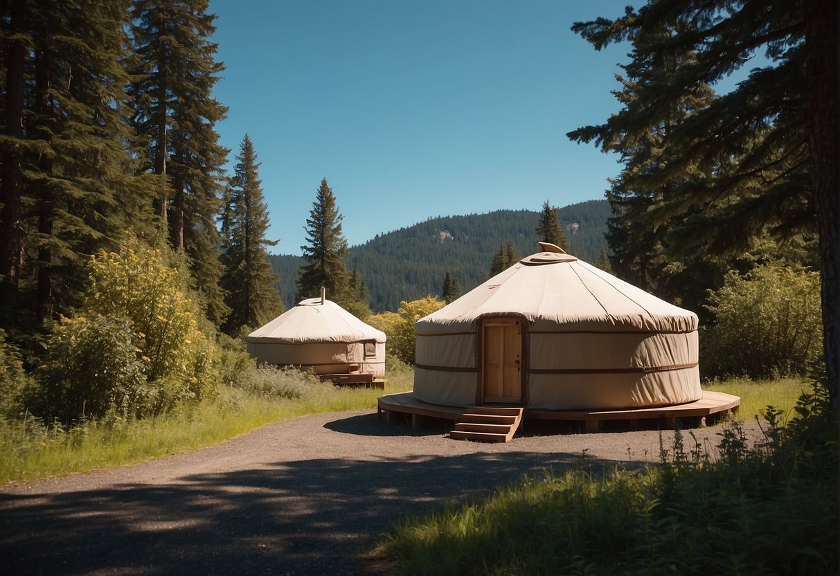 A yurt stands in a picturesque Oregon landscape, surrounded by lush greenery and a clear blue sky, with a sign reading "Frequently Asked Questions: Are Yurts Legal in Oregon?" displayed prominently