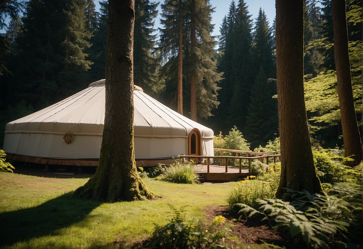 A yurt stands in a lush green forest in Portland, Oregon, surrounded by tall trees and a clear blue sky above