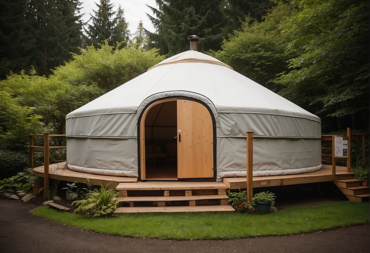 A yurt stands in a lush Portland backyard, surrounded by greenery. A city permit sticker is prominently displayed on the yurt's exterior