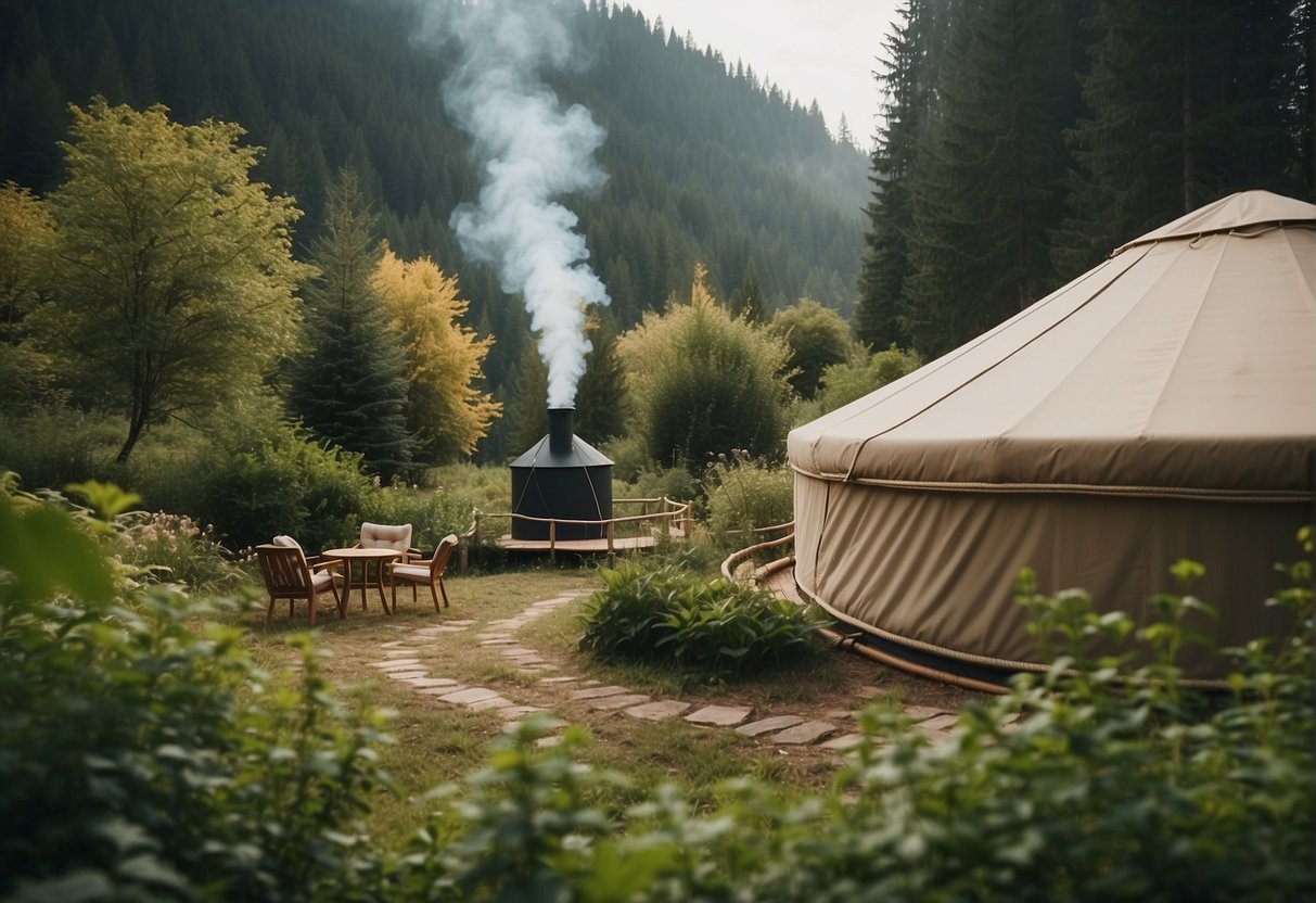 A cozy yurt nestled in a lush forest, with a smoke rising from the chimney and a small garden outside