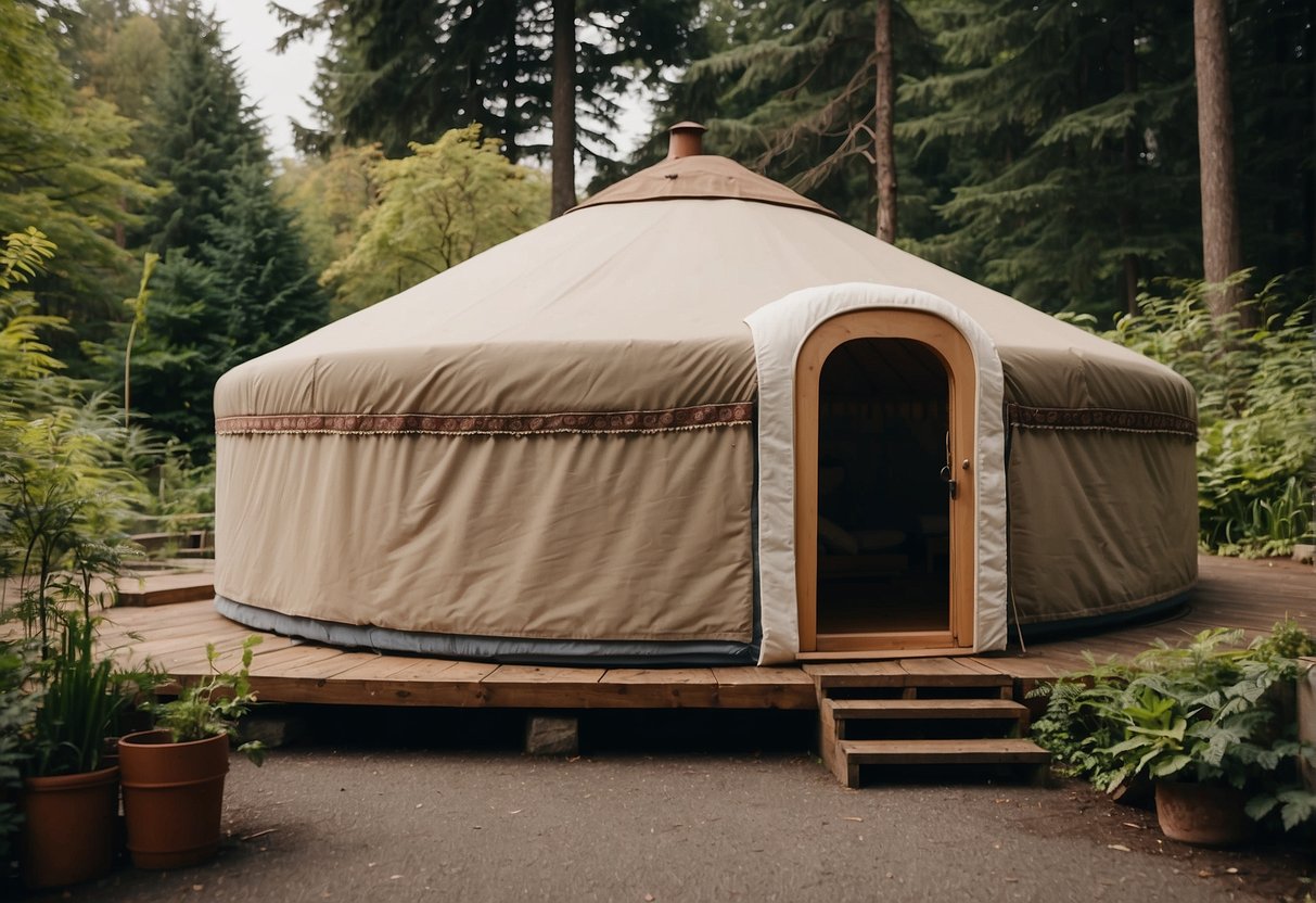 A yurt stands in a tranquil Portland neighborhood, surrounded by greenery. A sign nearby reads "Frequently Asked Questions: Are yurts legal in Portland, Oregon?"