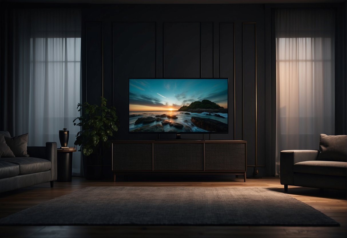 A Hisense TV sits in a dimly lit room, its screen completely black. The remote control lies abandoned on the coffee table