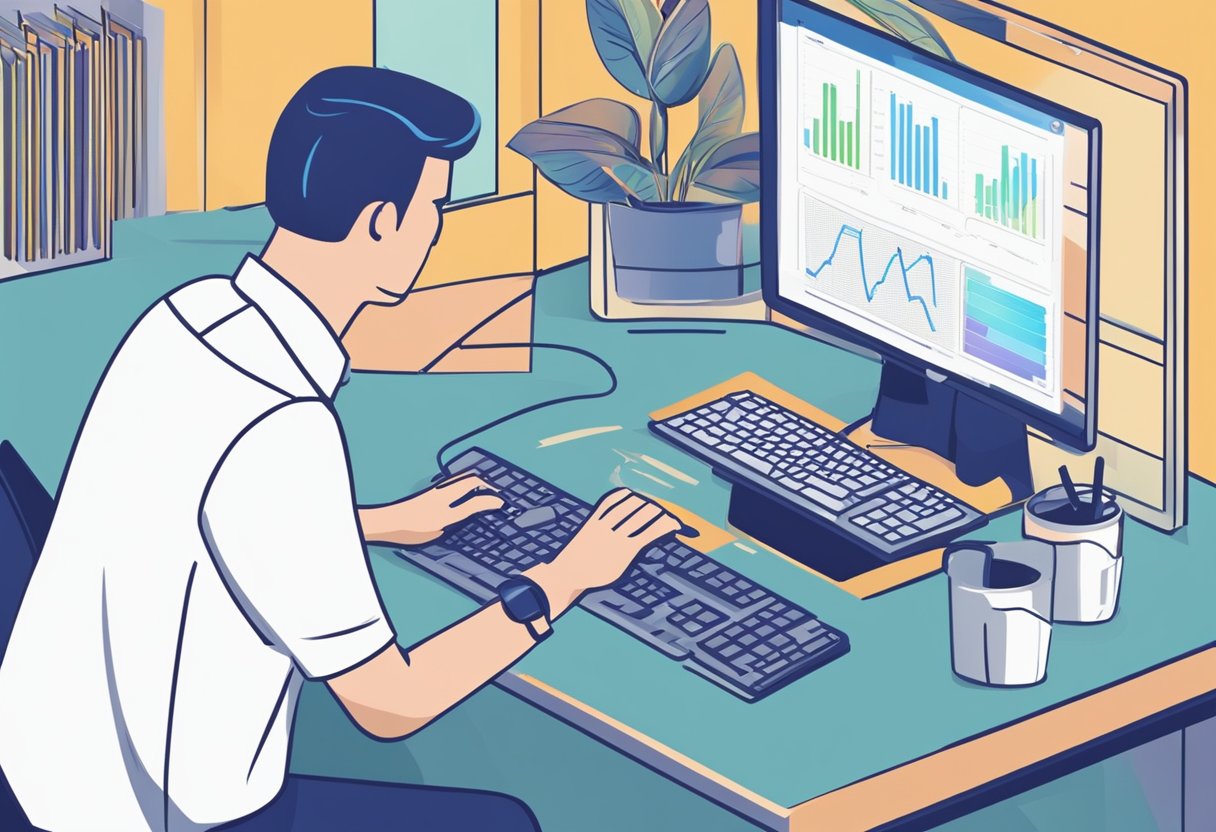 A computer monitor displaying a graph with a sharp spike in CPU usage. A hand reaching for the keyboard to open task manager and troubleshoot the issue