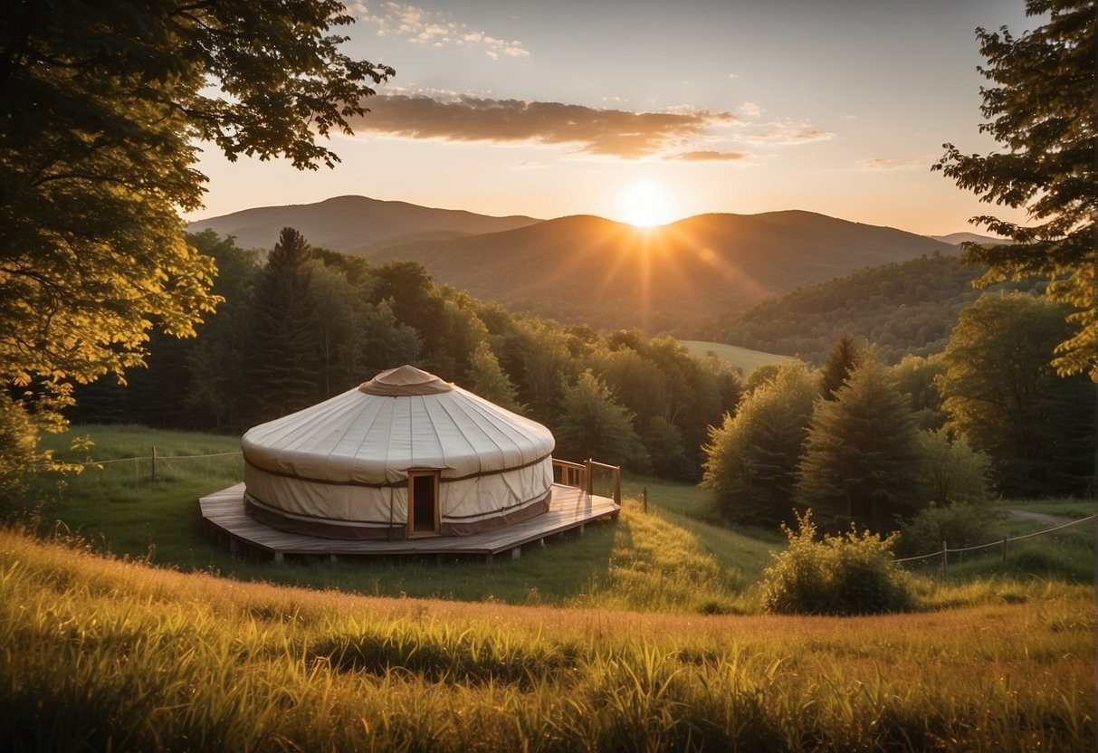 A yurt stands in a peaceful Vermont landscape, surrounded by lush greenery and rolling hills. The sun sets in the background, casting a warm glow over the scene