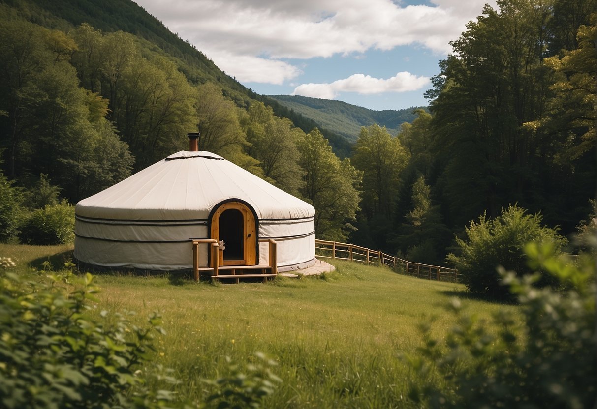 A yurt sits nestled in a picturesque Vermont landscape, surrounded by rolling hills and lush greenery. The scene exudes tranquility and harmony with nature