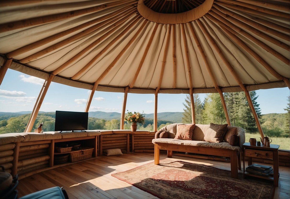 A cozy yurt nestled in the Vermont countryside, surrounded by lush greenery and a clear blue sky. The yurt is equipped with essential living amenities, blending seamlessly with the natural landscape