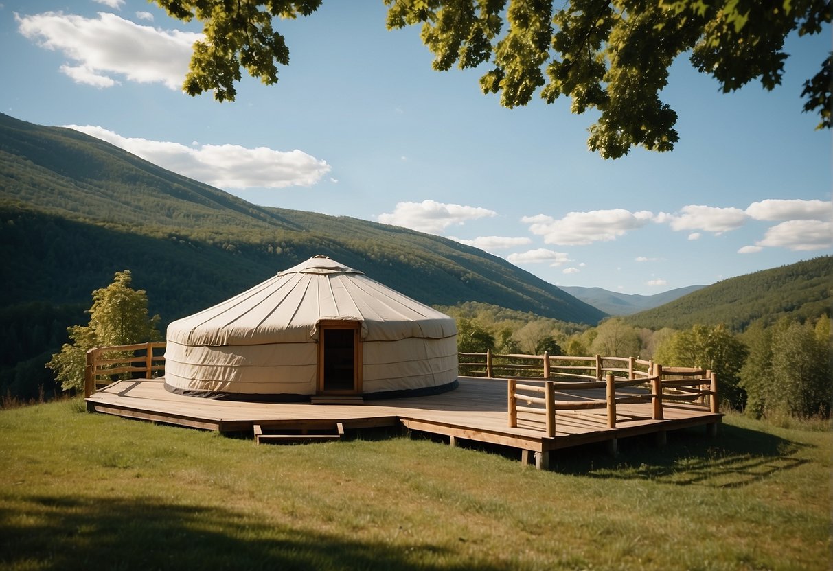 A yurt sits in a picturesque Vermont landscape, with rolling hills and a clear blue sky in the background. The yurt is surrounded by lush greenery, creating a tranquil and inviting atmosphere