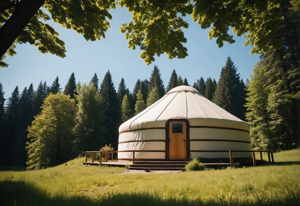 A yurt sits peacefully in a lush green field in Washington, surrounded by tall trees and a clear blue sky above