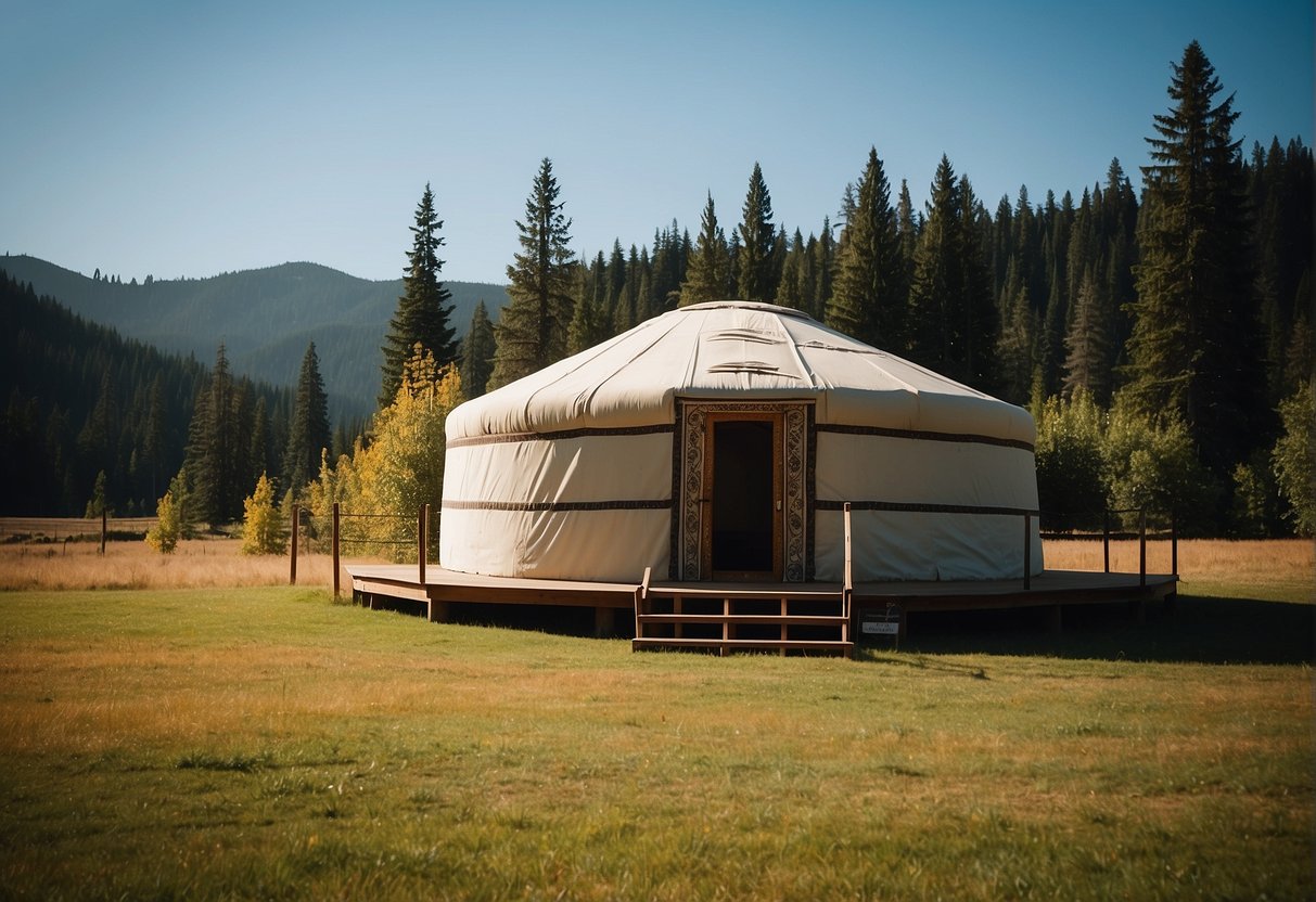 A yurt sits on a tranquil Washington landscape, surrounded by trees and under a clear blue sky