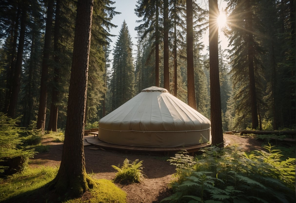 A yurt sits nestled in a lush Washington forest, surrounded by solar panels and a rainwater collection system. The scene exudes sustainability and off-grid living