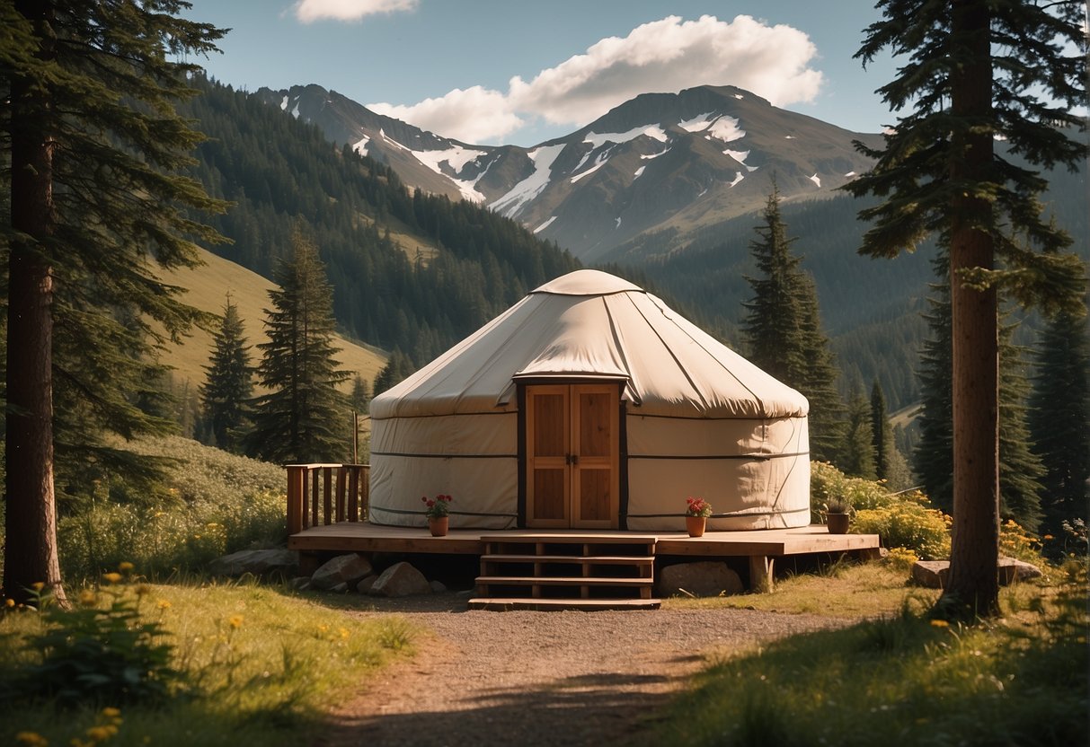 An illustration of a yurt in a scenic Washington landscape, with a sign reading "Frequently Asked Questions: Are Yurts Legal in Washington?" visible