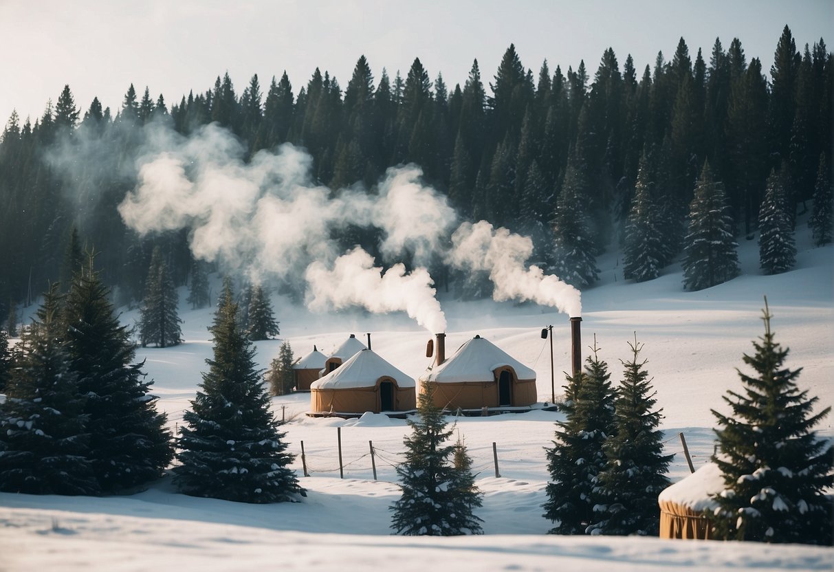 A snow-covered landscape with yurts surrounded by evergreen trees and smoke rising from their chimneys