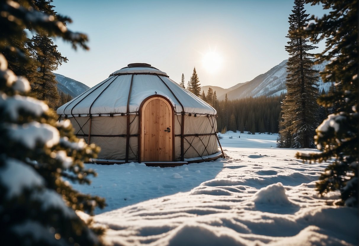 A yurt sits nestled in a snowy landscape, with thick insulation visible through an open door, designed for cold climates