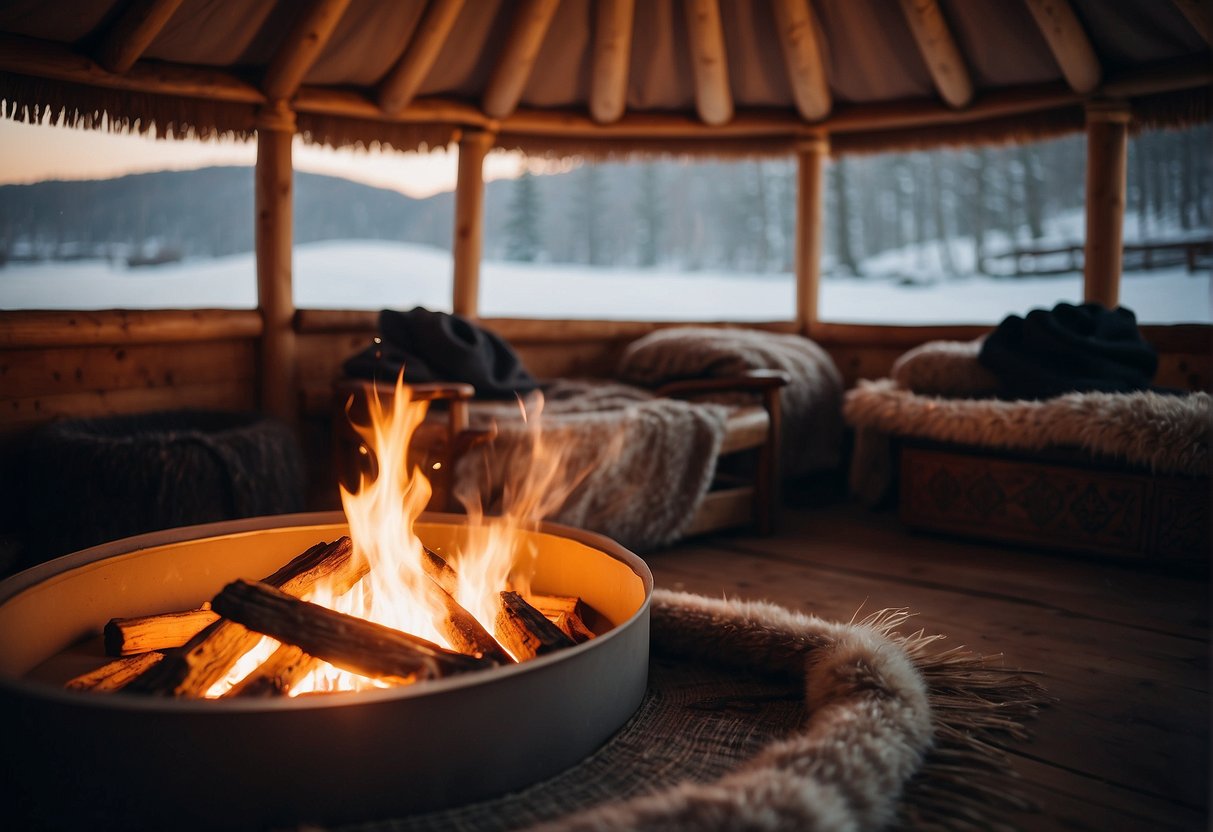 A crackling fire warms the interior of a yurt, with thick blankets and furs adding to the cozy atmosphere. Outside, snow covers the ground, but inside, the temperature is comfortable and inviting