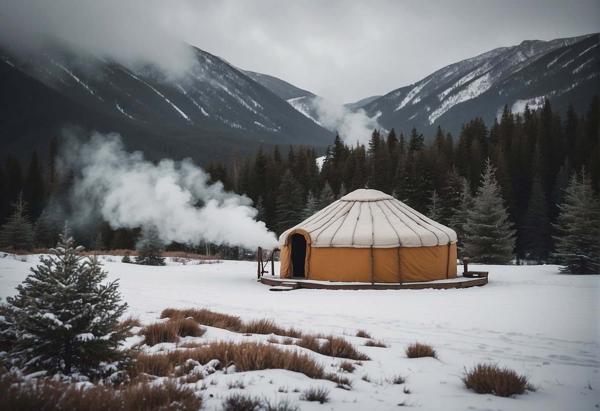 A yurt sits nestled in a snowy landscape, smoke billowing from its chimney as it withstands the cold climate
