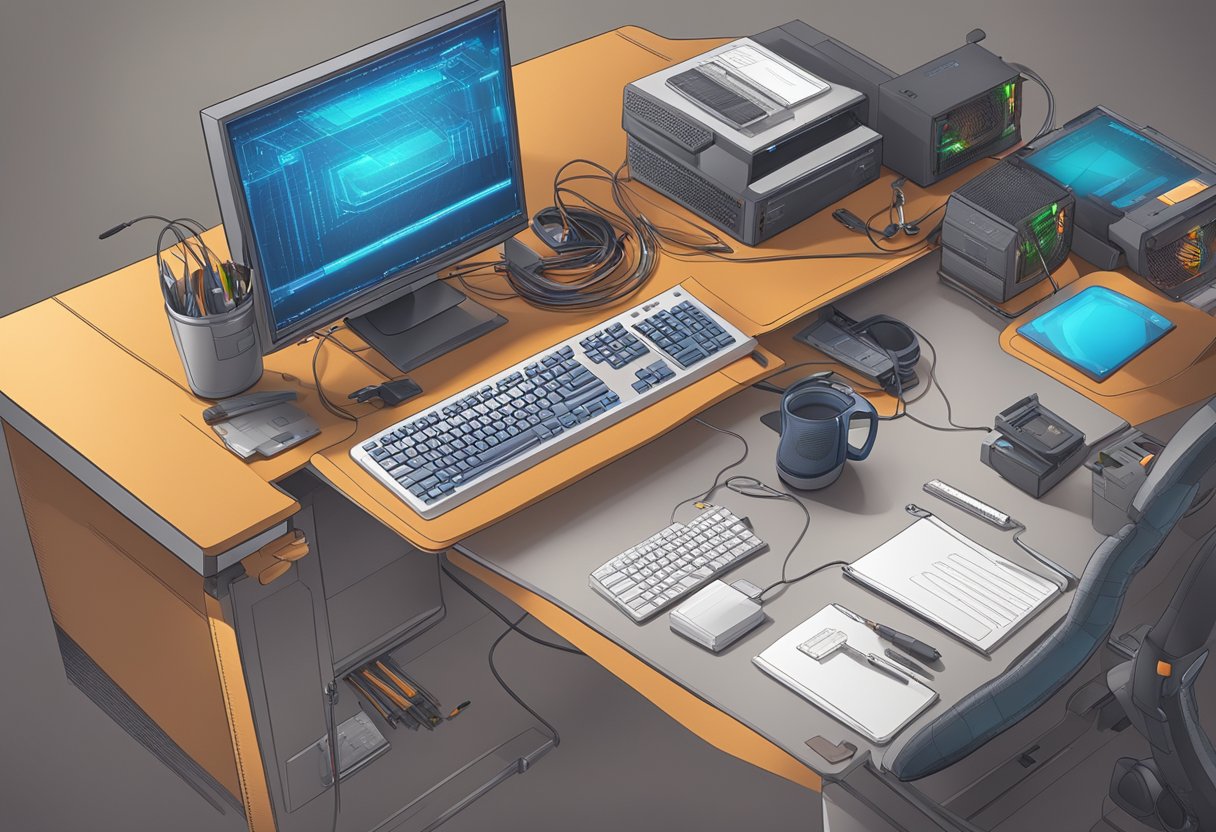 A desk with a computer, AMD GPU, and BIOS flashing tool. Screen shows step-by-step instructions. Tools and cables are neatly arranged