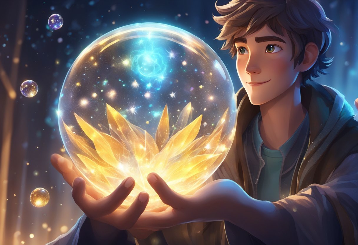 A character holding a glowing orb, surrounded by floating crystals and shimmering particles, with a sense of wonder and excitement in their expression