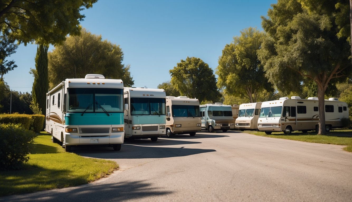 A row of colorful, well-maintained RVs parked in a spacious lot, with a backdrop of lush green trees and a clear blue sky