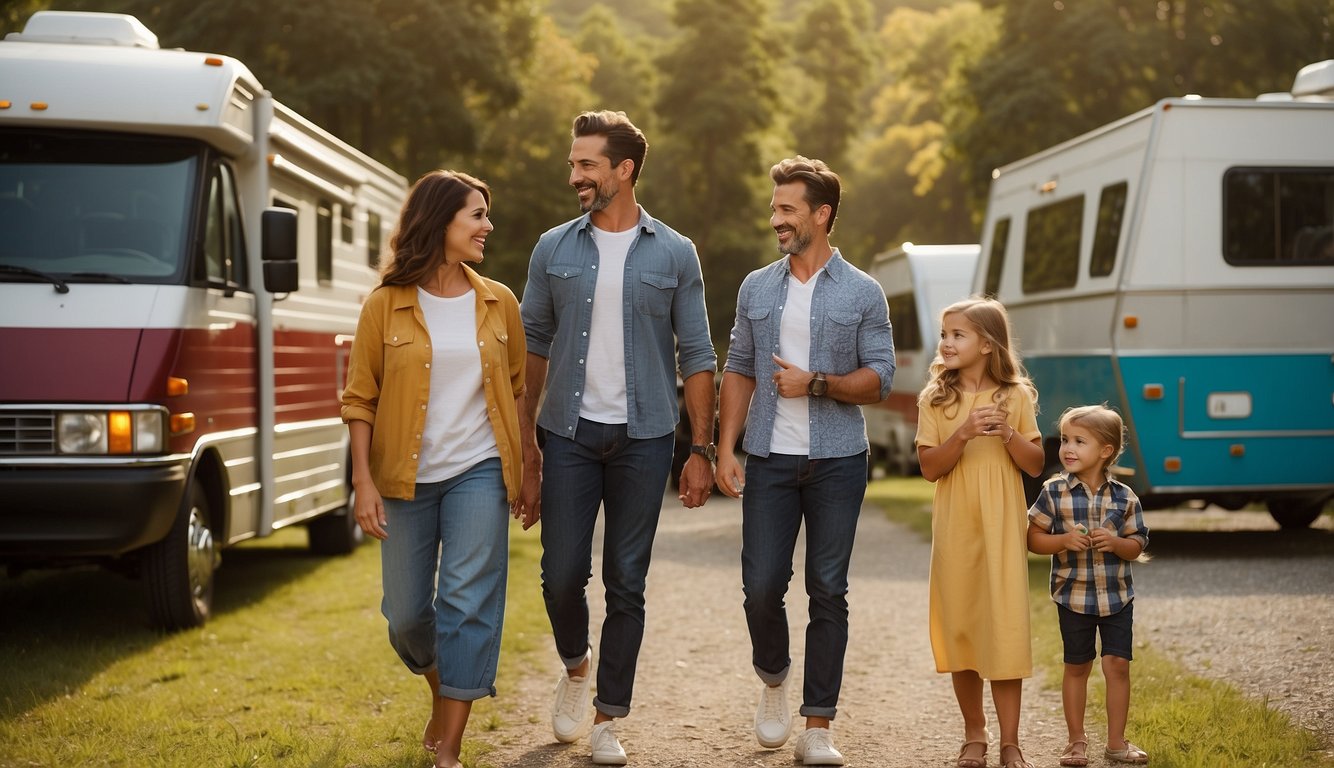 A family standing in front of a row of colorful RVs, comparing features and prices. A rental agent assists them, pointing to a large, well-equipped vehicle