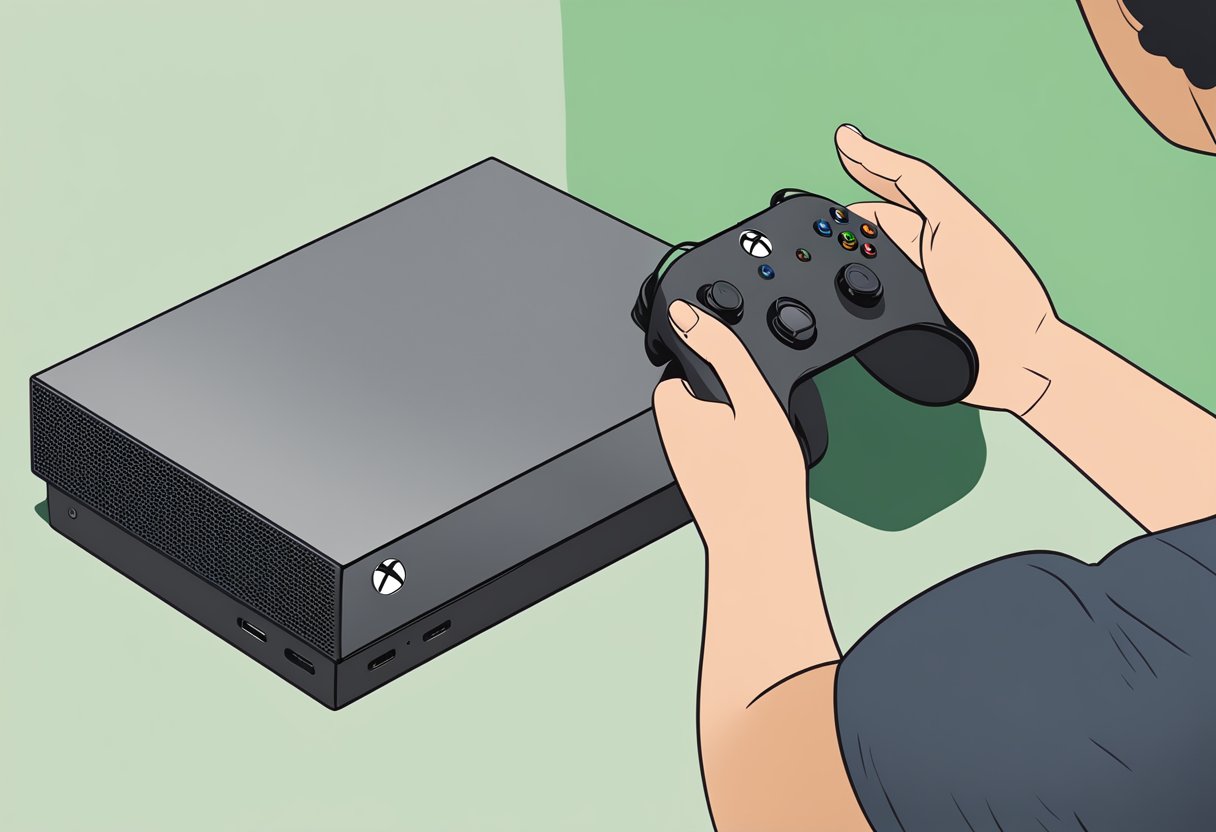 Xbox Series X/S placed on flat surface, with person's finger pressing and holding power button for 10 seconds. Power light turns off, then back on