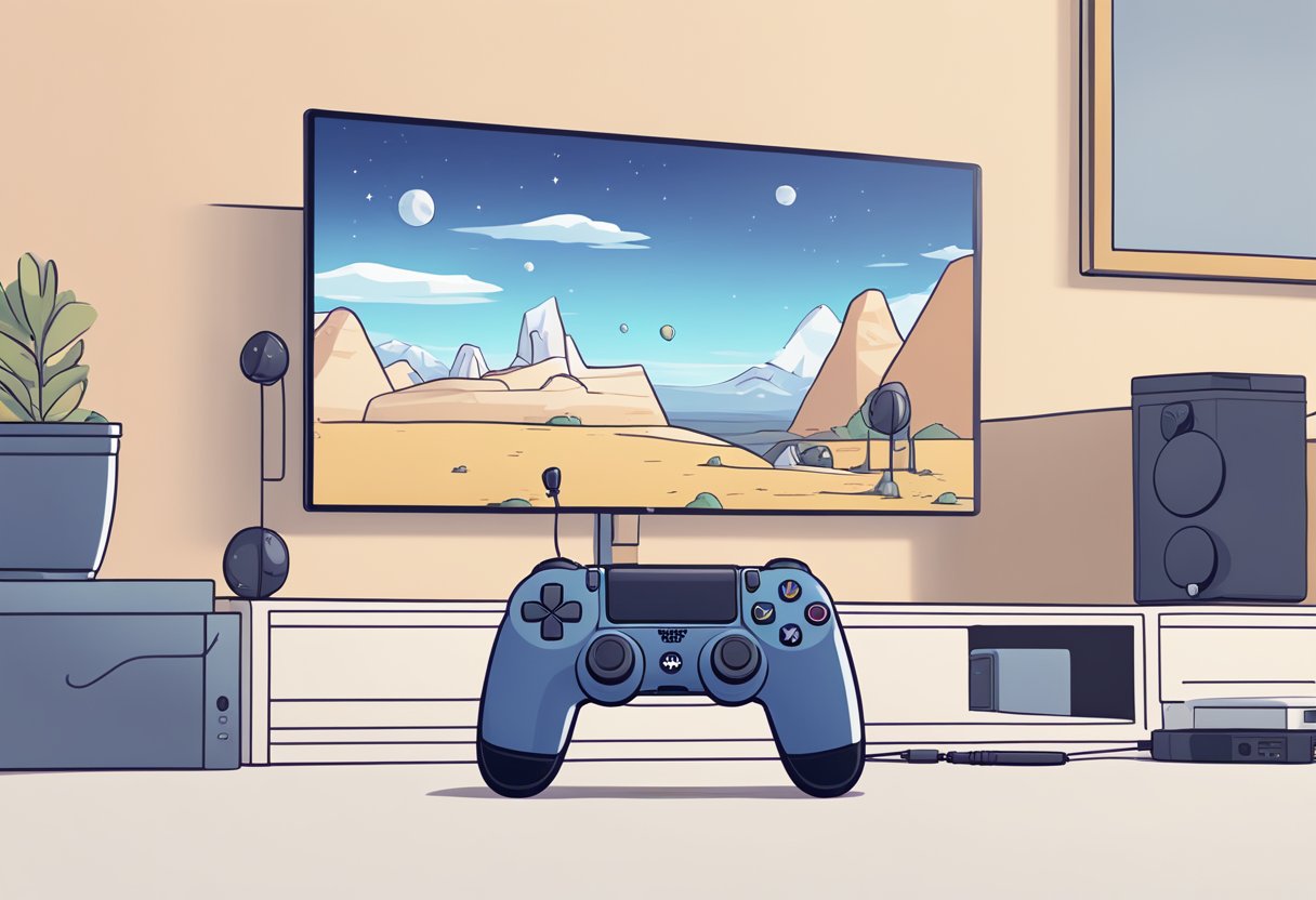 A PS4 console with a controller, displaying the Discord app installation process on the screen, with clear instructions and compatibility information visible