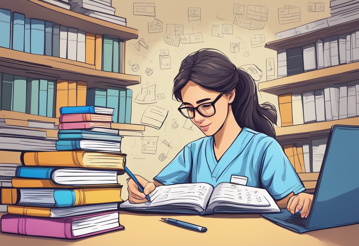 A nursing student successfully solving algebraic equations, surrounded by textbooks and notes