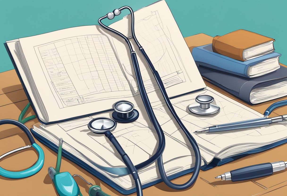 A nursing student studying algebra with a stethoscope and medical textbooks on a desk