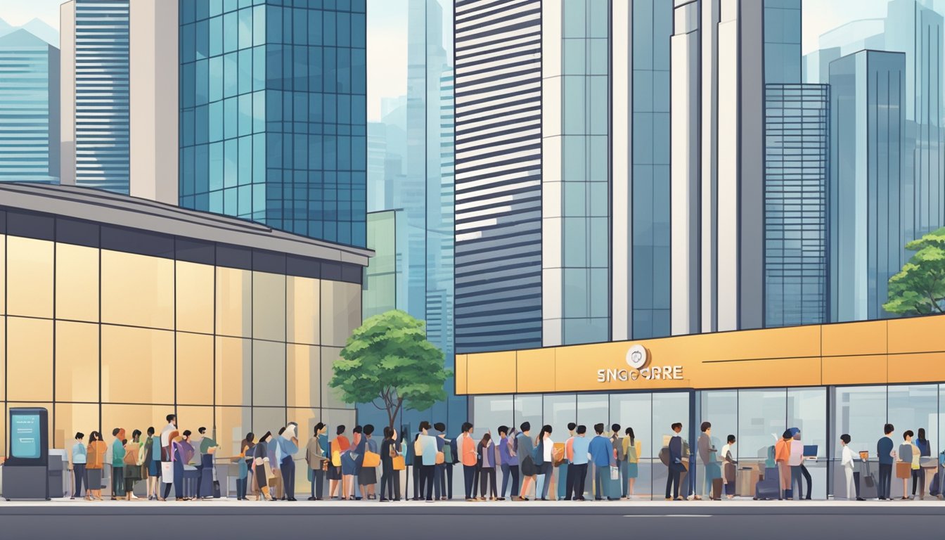 Foreigners and expats quickly borrowing money in Singapore. Busy financial district backdrop. Bank or moneylender office with people waiting in line