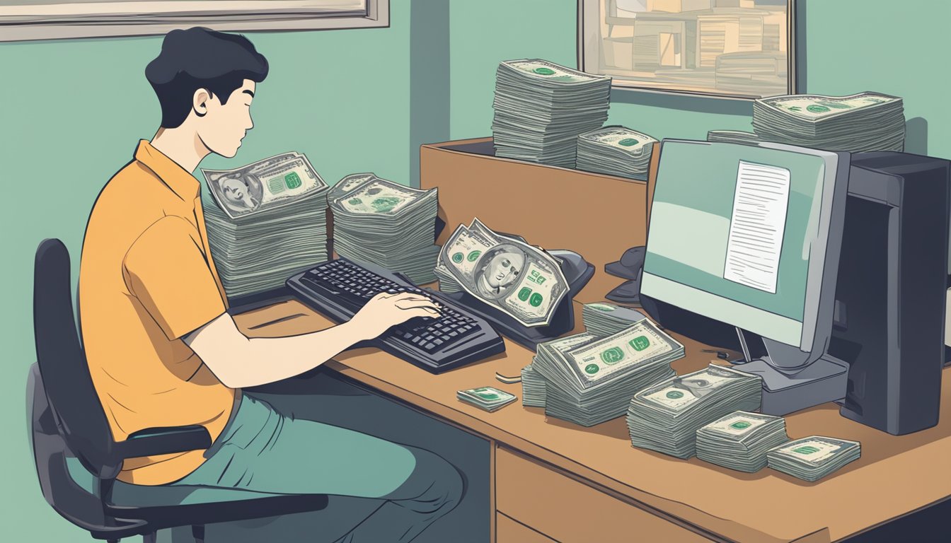 A person sitting at a desk, typing on a computer with a stack of money and a clock nearby, representing the urgency of borrowing money in Singapore