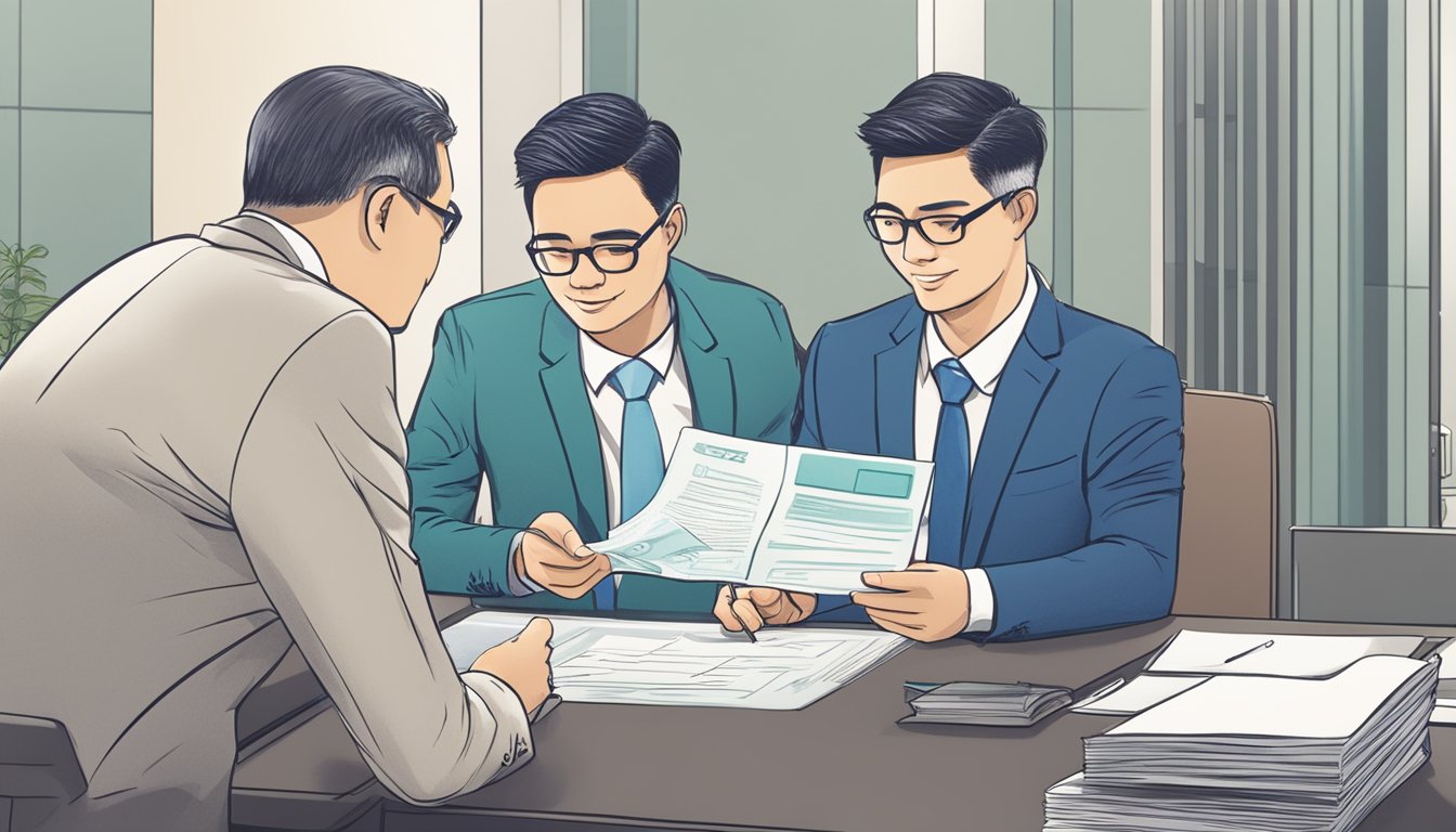 A businessman signing a contract with a bank representative, exchanging money for a bridging loan in Singapore