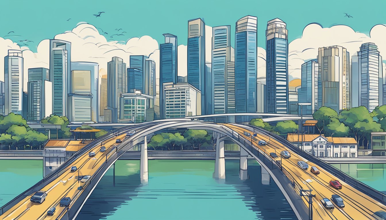 A bustling Singapore cityscape with a bridge connecting two lively neighborhoods, showcasing the concept of bridging loans in the urban setting