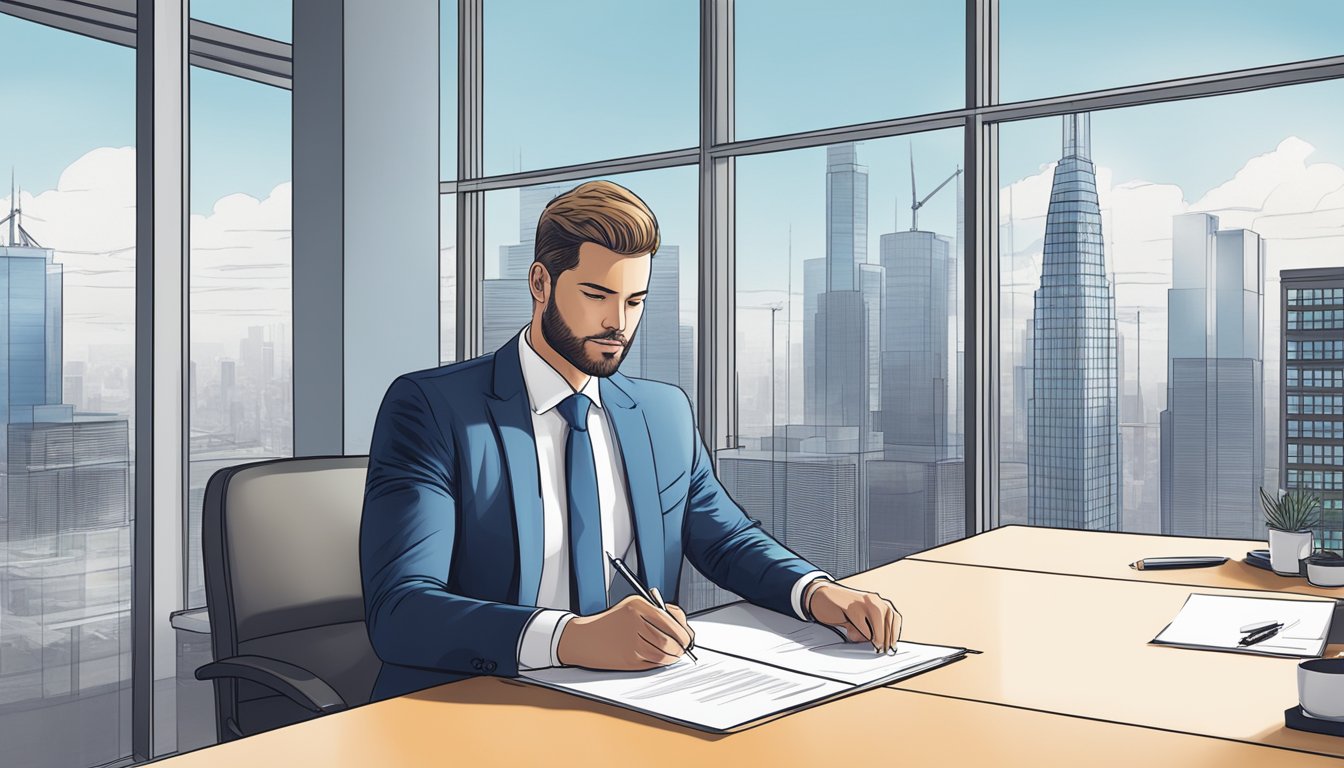 A businessman signing a contract for a bridging loan in a modern office with city skyline in the background