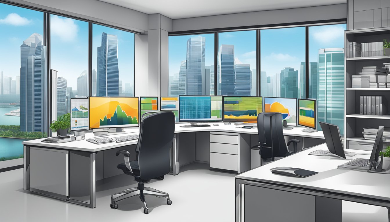 A modern office in Singapore with a computer, financial charts, and a skyline view