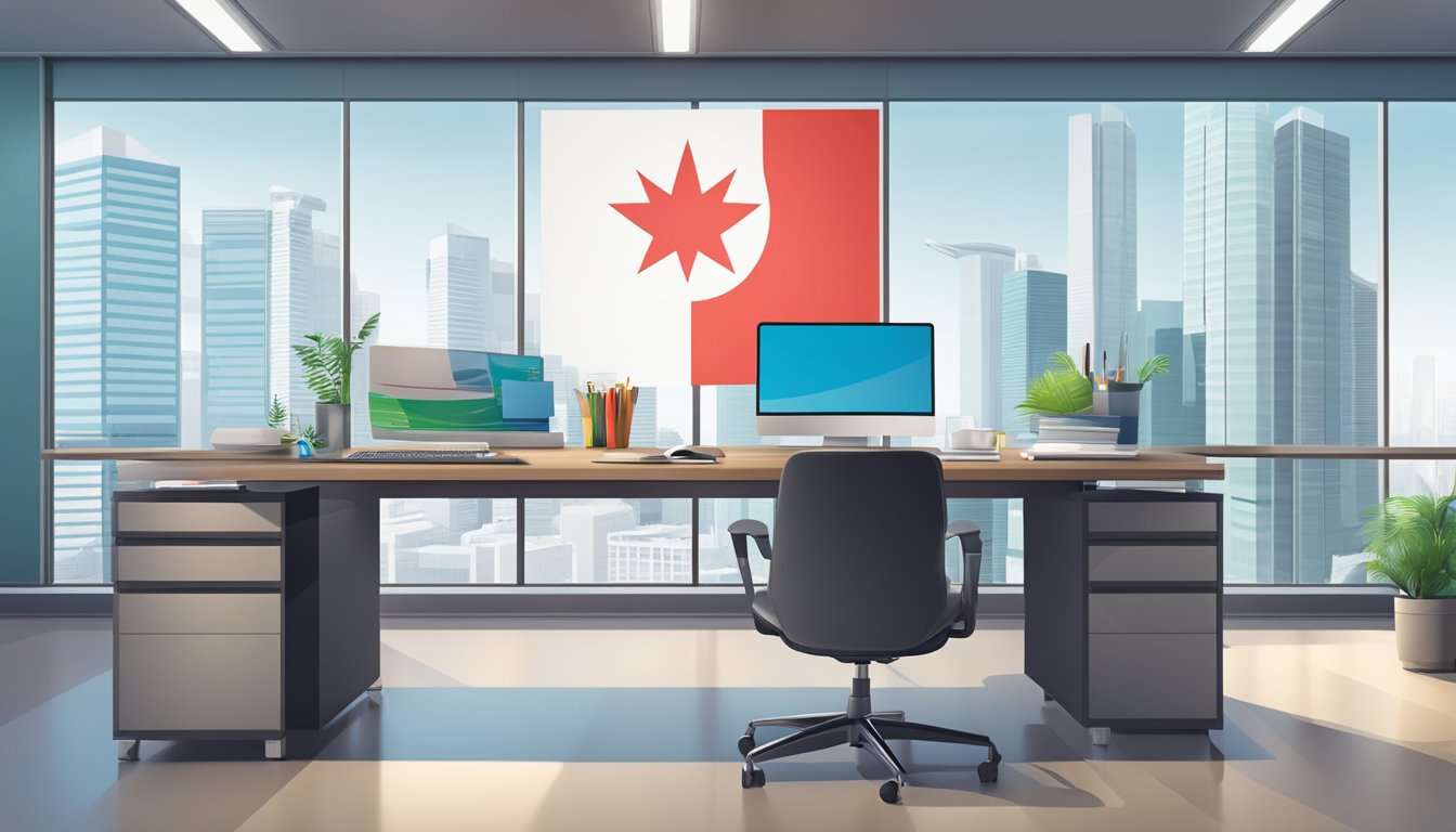 A modern office desk with a computer, financial charts, and a Singapore flag in the background
