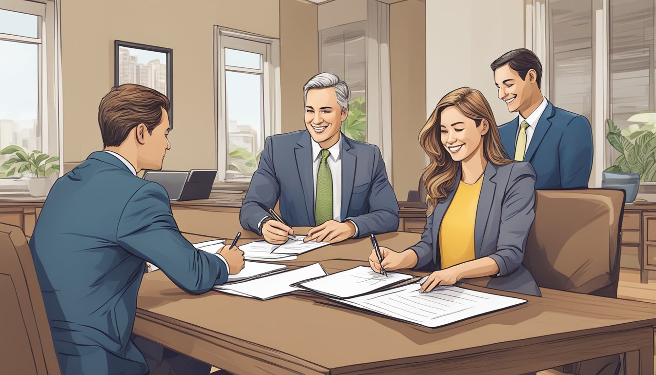 A couple signing paperwork at a real estate office, exchanging keys with a housing agent