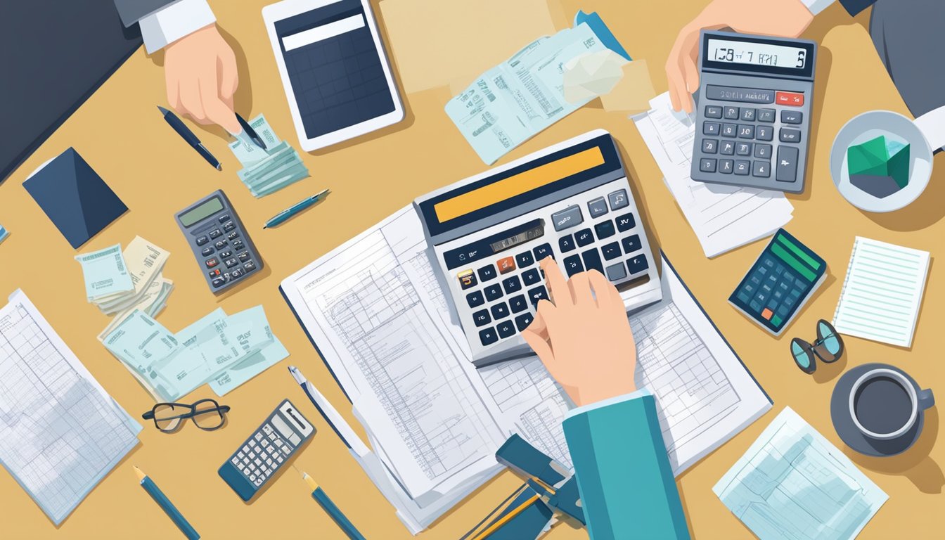 A person calculating finances with a calculator and documents spread out on a desk