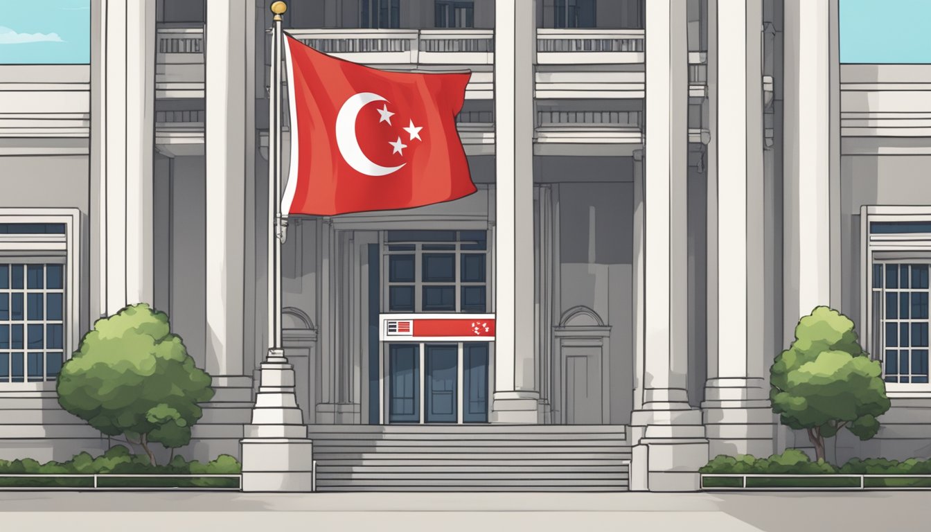 A Singaporean flag flies outside a government building with a sign reading "BTO Eligibility Singapore."