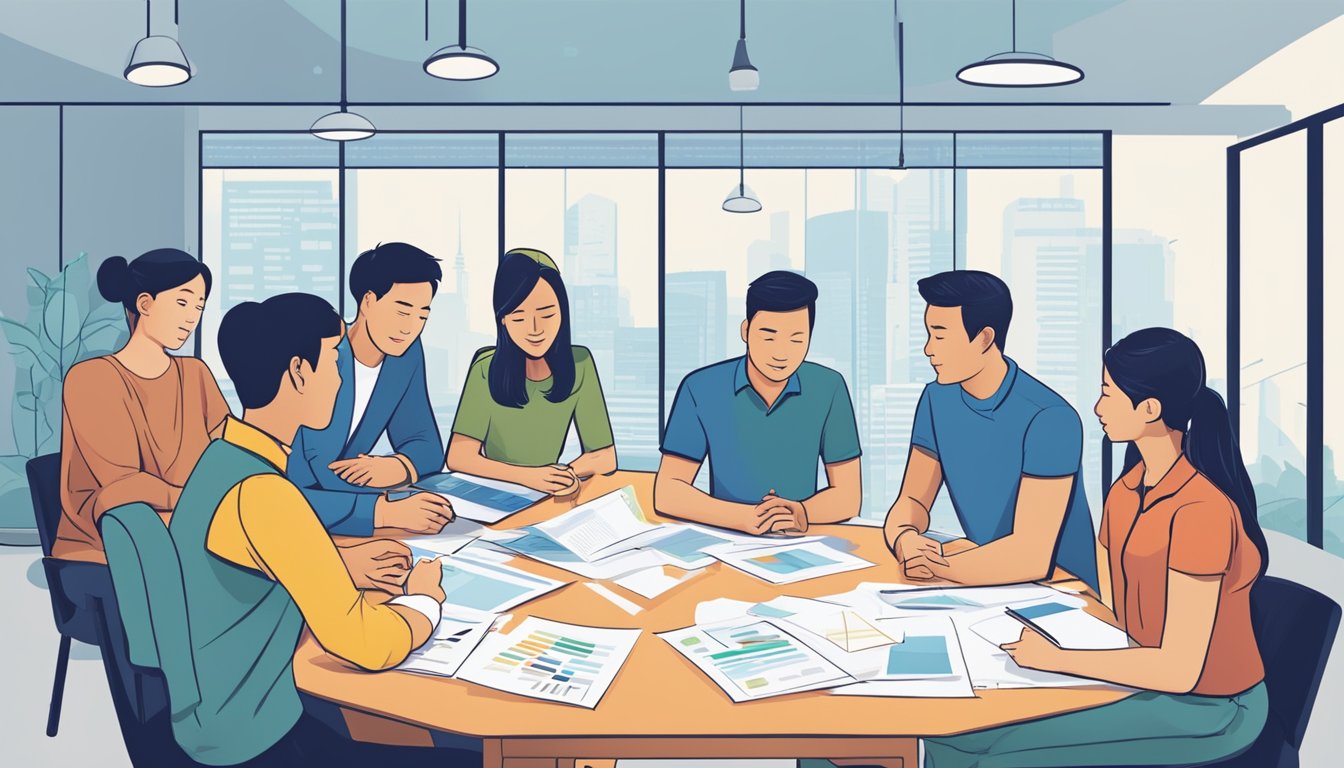 A group of diverse individuals gather around a table, discussing and brainstorming ideas for special schemes and considerations related to eligibility in Singapore. Charts and graphs are spread out in front of them, as they engage in deep conversation
