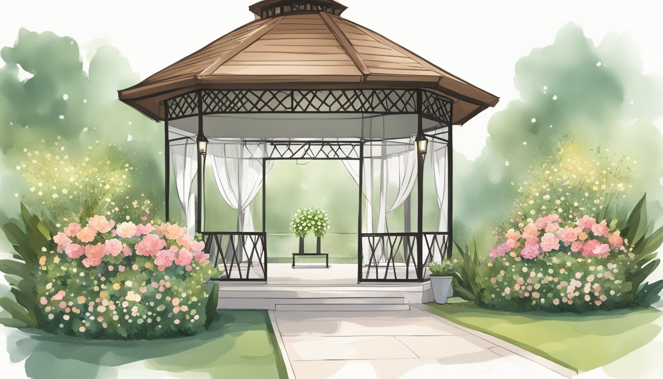 A simple outdoor garden with a gazebo and string lights, surrounded by lush greenery and blooming flowers, with a small stage for a budget wedding venue in Singapore