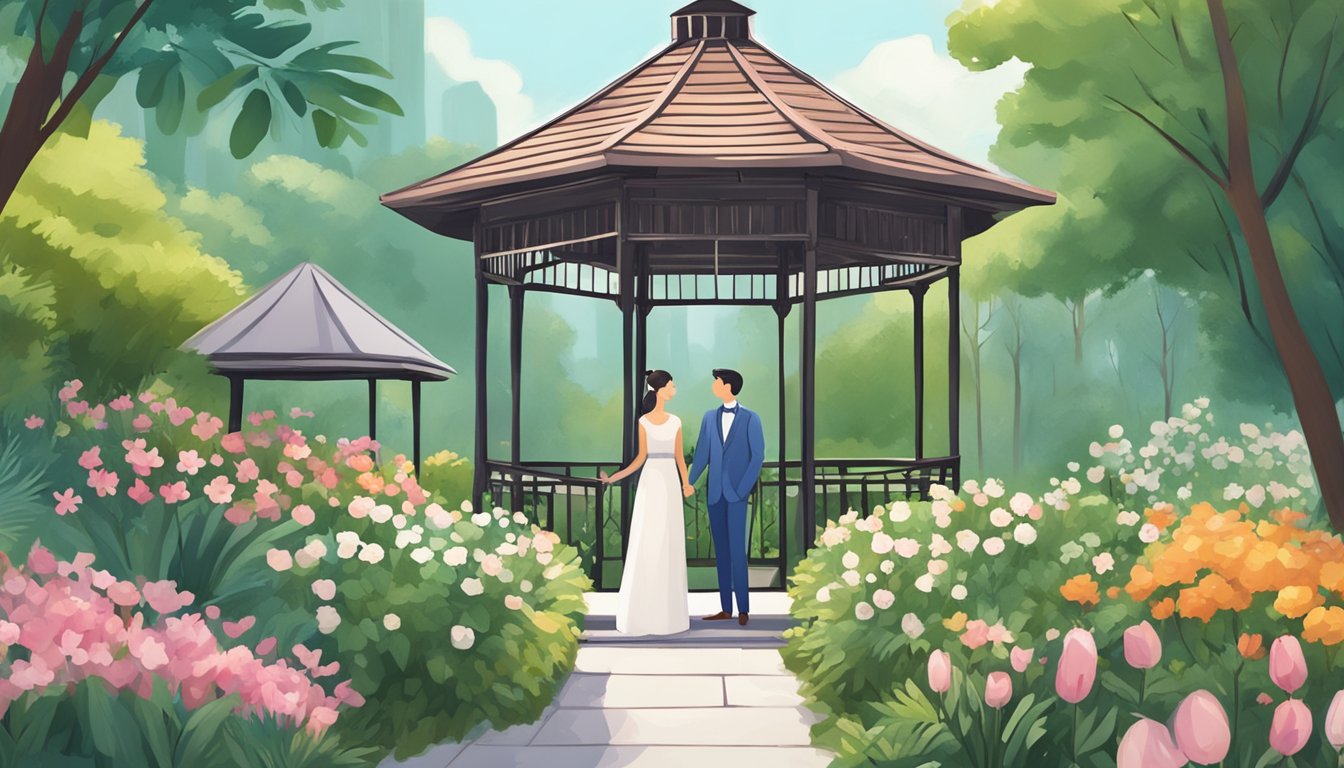 A couple explores a charming garden with a gazebo, surrounded by lush greenery and blooming flowers. A sign nearby advertises "Affordable Wedding Venues in Singapore."