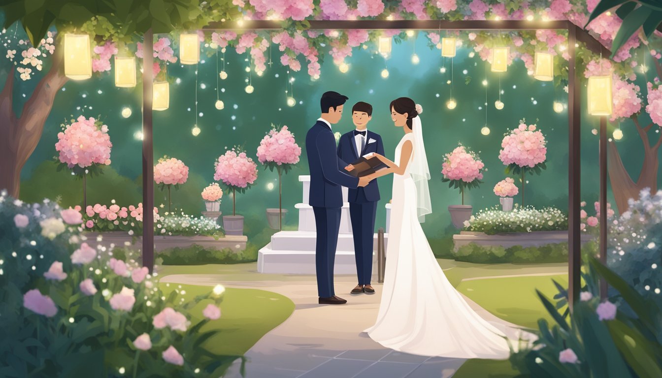 A bride and groom exchange vows in a lush garden, surrounded by blooming flowers and twinkling lights. A sign nearby displays "Wedding Packages and Costs" for a budget-friendly venue in Singapore