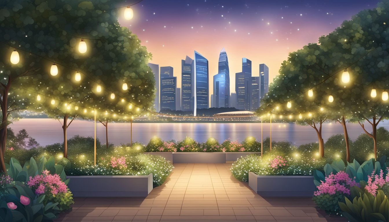 A beautiful outdoor garden with twinkling lights and elegant decor, set against the backdrop of the Singapore skyline